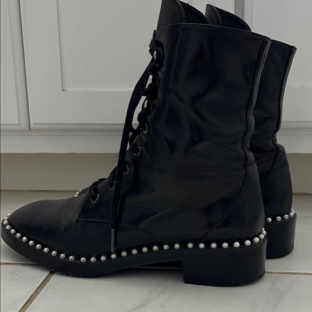STUART WEITZMAN SONDRA PEARL-TRIMMED COMBAT BLACK LEATHER BOOTS-7